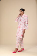 Baby Pink Floral Printed Yolk Cut Work Soft Cotton Kurthi Set - Image 4