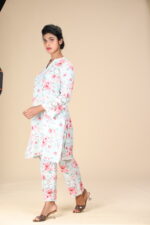 Pastel Aqua Green Floral Printed Yolk Cut Work Soft Cotton Kurthi Set - Image 2