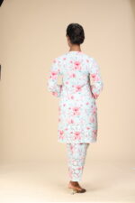 Pastel Aqua Green Floral Printed Yolk Cut Work Soft Cotton Kurthi Set - Image 4