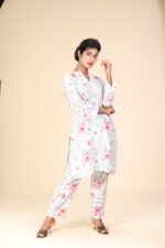 Pastel Aqua Green Floral Printed Yolk Cut Work Soft Cotton Kurthi Set