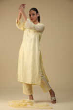 Butter Yellow Self Thread Worked Sequenced Russian Silk Pakistani Salwar Suit Set