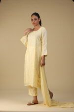 Butter Yellow Self Thread Worked Sequenced Russian Silk Pakistani Salwar Suit Set