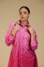 Singapore Satin Shaded Floral Self Embellished Shirt Dress - Image 4